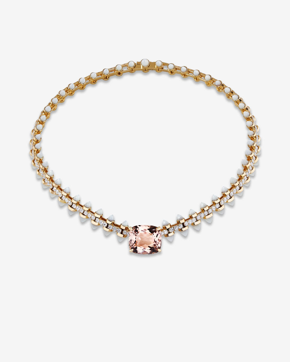 Stephen Webster Russian Roulette Wheel necklace in 18ct yellow gold with cushion-cut morganite centre, white mother-of-pearl bullet motifs and pavé white diamonds, luxury British fine jewellery