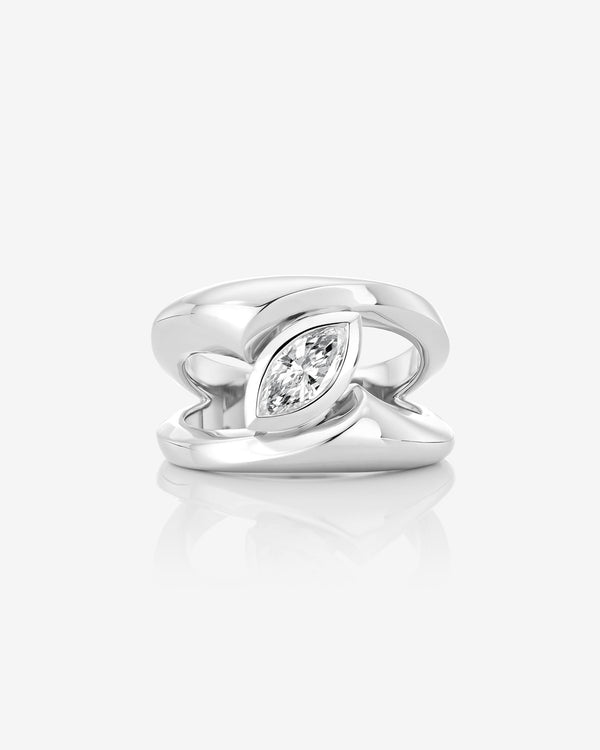 Stephen Webster Sculpted Solitaire Ring in platinum with marquise white diamond, luxury engagement ring