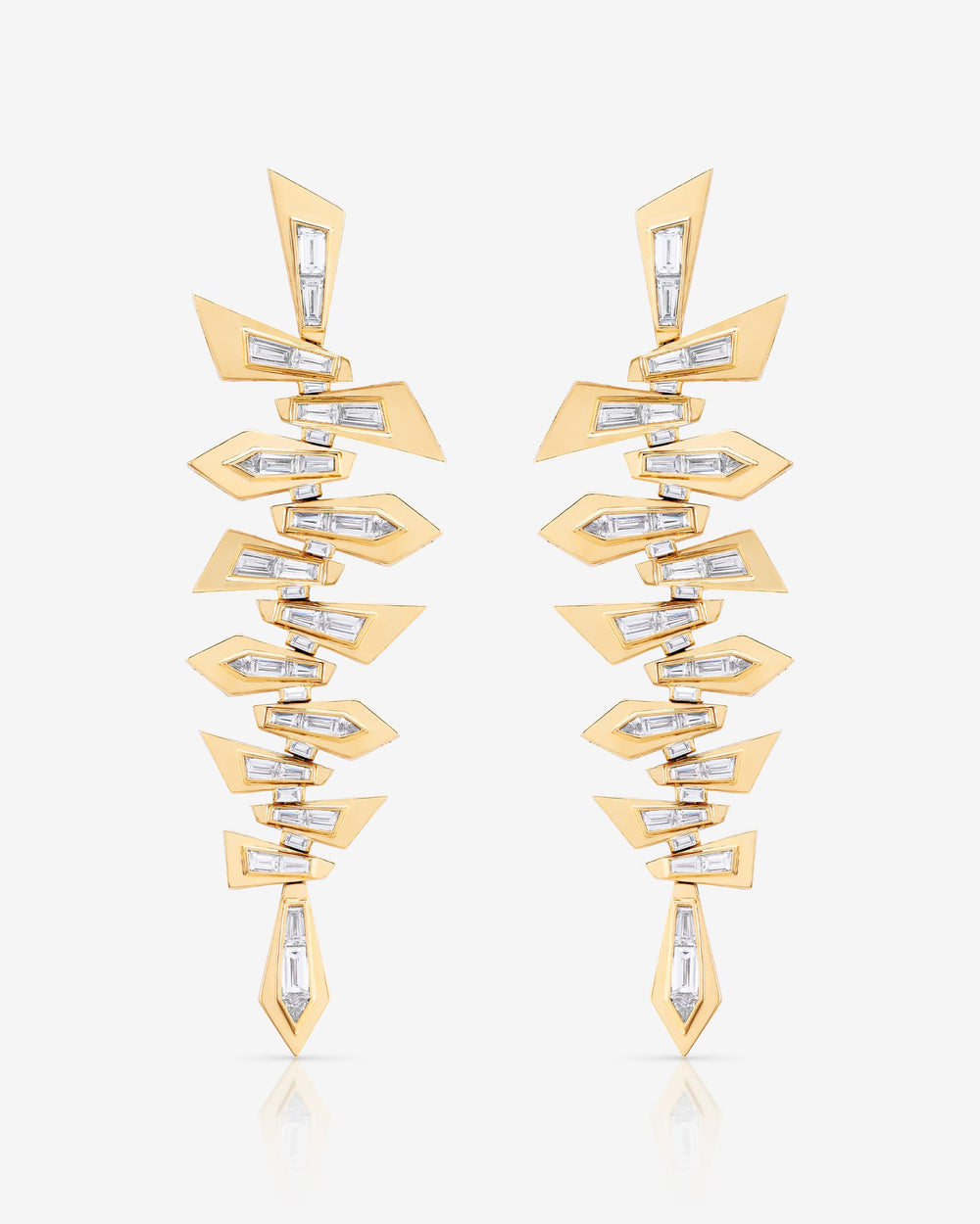 Stephen Webster Shattered Earrings in 18ct yellow gold with tapered baguette and princess cut white diamonds, luxury fine jewellery statement earrings and perfect gift for her