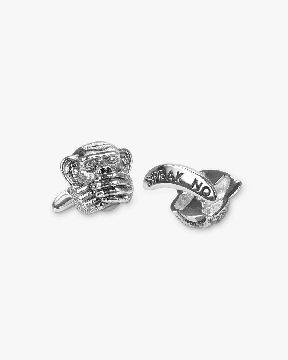 Stephen Webster “Speak No Evil” sterling silver cufflink — front view showing monkey-face motif with hands covering mouth