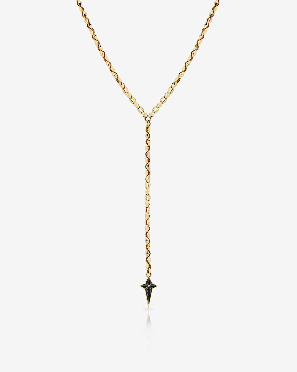 Stephen Webster Superstud New Cross gold chain necklace hanging — showing pendant drop and chain design with black diamond cross pendant