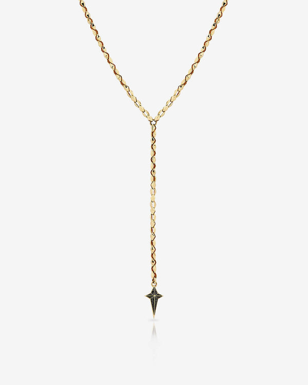 Stephen Webster Superstud New Cross gold chain necklace hanging — showing pendant drop and chain design with black diamond cross pendant