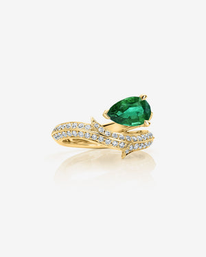 Stephen Webster Thorn Floating Solitaire Pavé Ring in 18ct yellow gold with pear-cut emerald and pavé diamonds