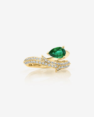 Stephen Webster Thorn Floating Solitaire Pavé Slimline Ring in 18ct yellow gold with pear-cut emerald and pavé diamonds engagement ring