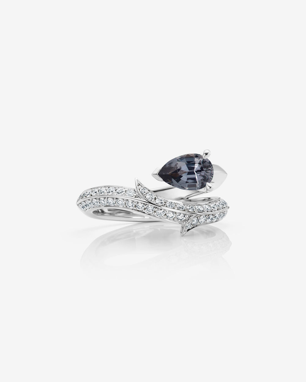 Stephen Webster Thorn Floating Solitaire Pavé Slimline Ring in platinum with pear-cut grey spinel and pavé diamonds engagement ring
