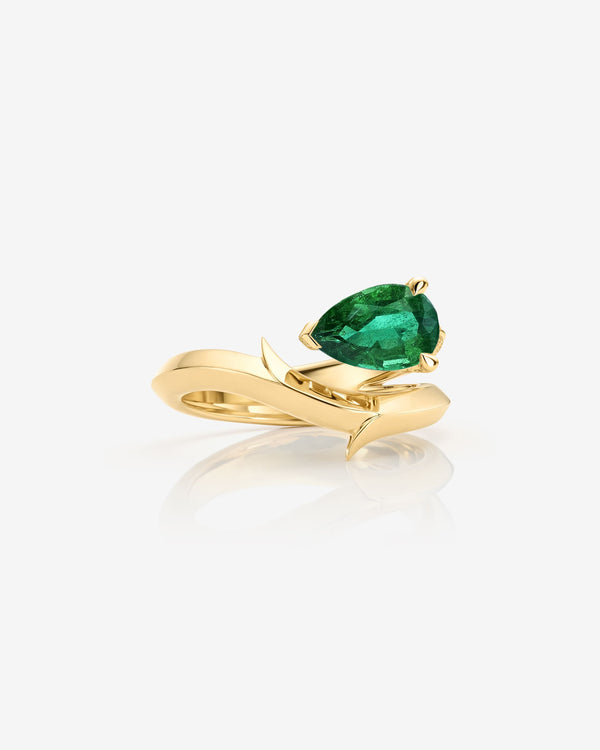 Stephen Webster Thorn Floating Solitaire Ring in 18ct yellow gold with pear-cut emerald engagement ring