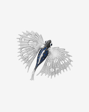 Stephen Webster Flying Fish brooch in titanium and 18ct white gold with blue sapphires, black diamonds and sapphire cabochon eyes, luxury British fine jewellery