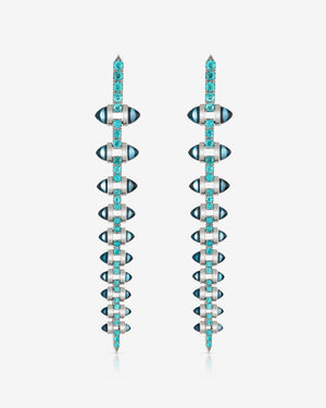 Stephen Webster Tourmaline Russian Roulette Stiletto earrings in 18ct white gold with London blue topaz bullets and paraiba tourmalines, bold luxury British fine jewellery