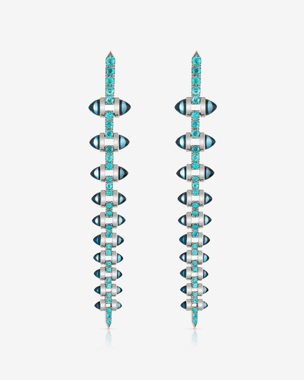 Stephen Webster Tourmaline Russian Roulette Stiletto earrings in 18ct white gold with London blue topaz bullets and paraiba tourmalines, bold luxury British fine jewellery