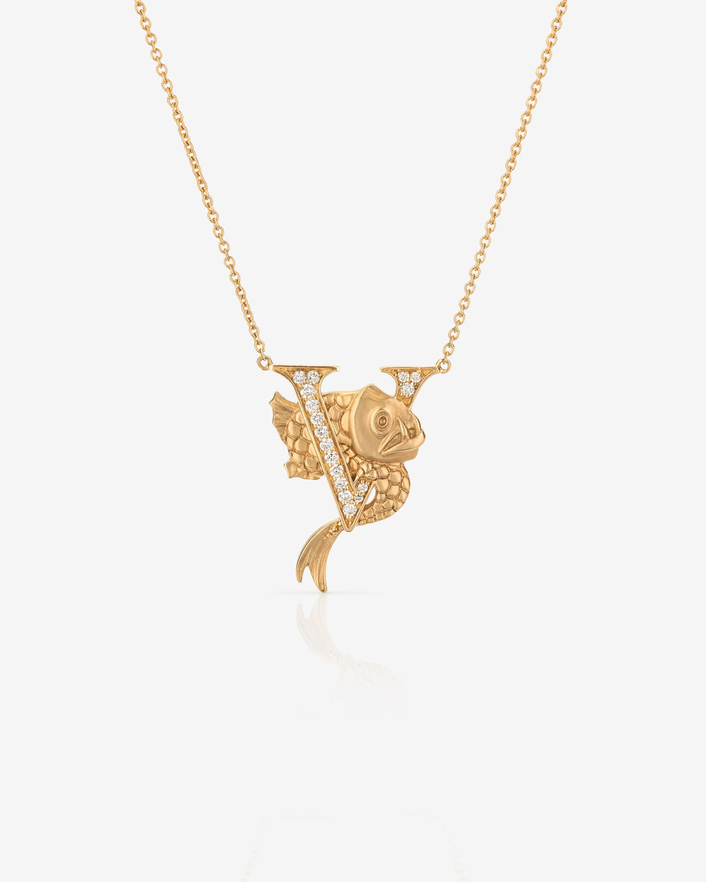 Stephen Webster V is for Viperfish initial necklace in 18ct yellow gold with white diamond pavé, personalised luxury jewellery gift for her