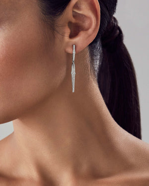 angled view of Stephen Webster White Diamond Pavé Stem 3D Hoop Earrings in 18ct White Gold with white diamond pavé