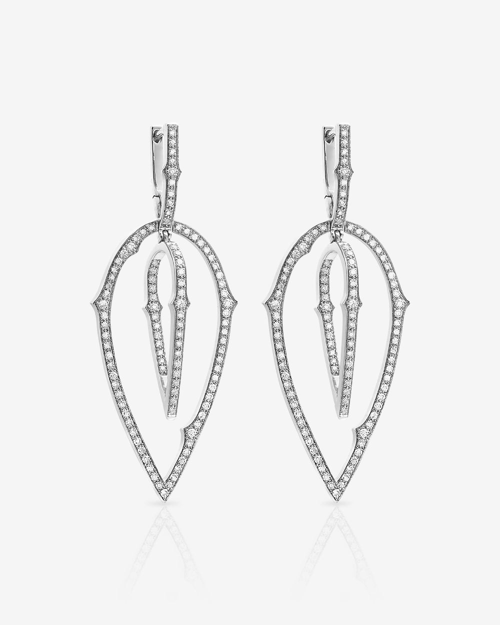 Stephen Webster White Diamond Pavé Stem 3D Hoop Earrings in 18ct White Gold with white diamond pavé front view