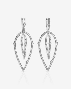 Stephen Webster White Diamond Pavé Stem 3D Hoop Earrings in 18ct White Gold with white diamond pavé front view