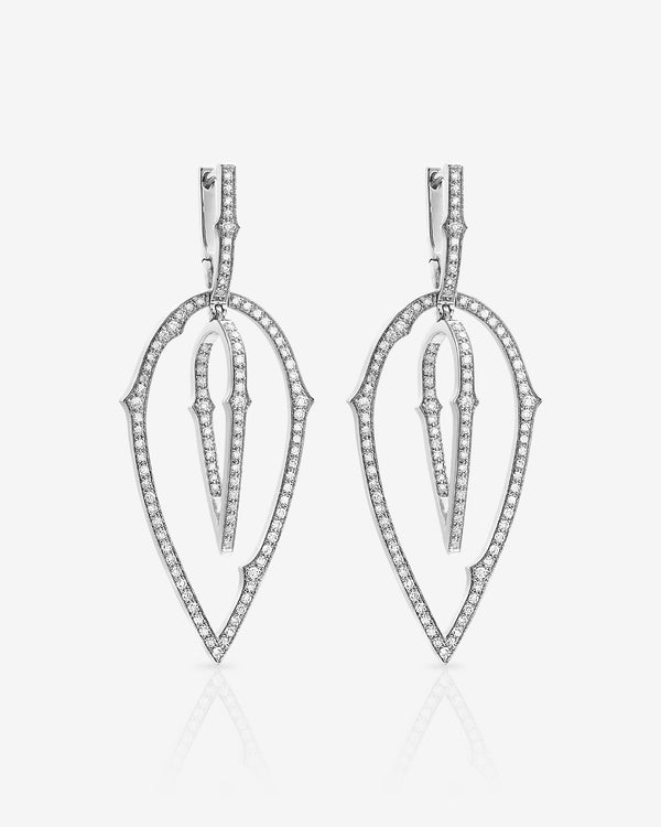 Stephen Webster White Diamond Pavé Stem 3D Hoop Earrings in 18ct White Gold with white diamond pavé front view