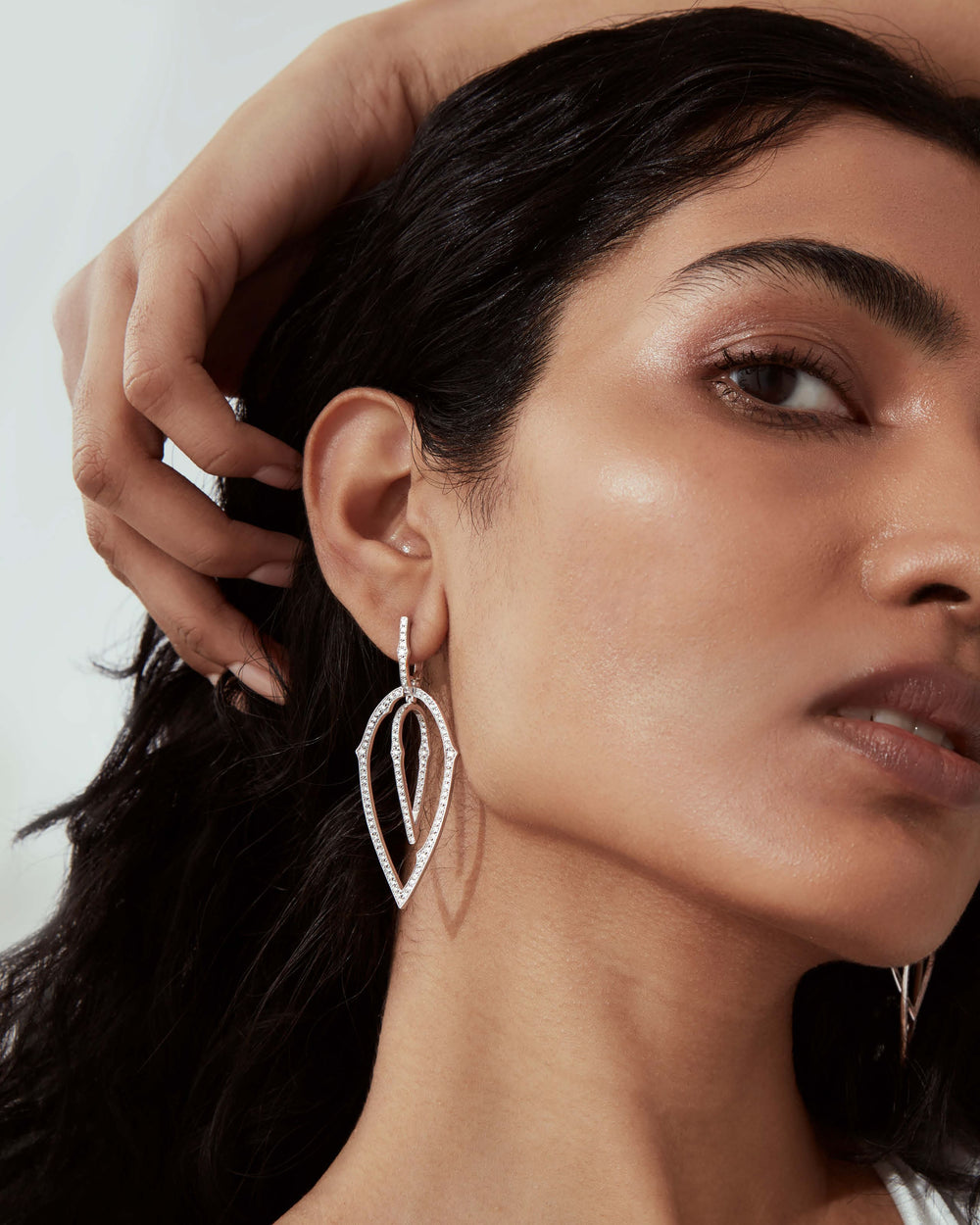 Stephen Webster White Diamond Pavé Stem 3D Hoop Earrings in 18ct White Gold with white diamond pavé front view