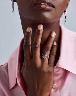 Stephen Webster Forget Me Knot Band in 18ct White Gold worn on model close up