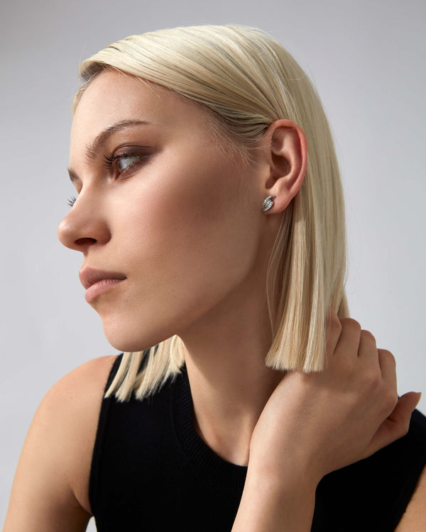 Stephen Webster White Gold Knot White Diamond Earstuds in 18ct White Gold worn on model close up