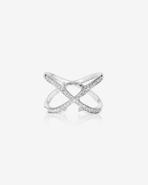 Stephen Webster Stem Crossover White Diamond Band Ring in 18ct White Gold with white diamond pavé front view