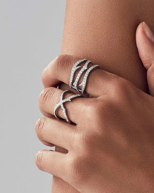 Stephen Webster Stem Crossover White Diamond Band Ring styled with coordinating luxury jewellery pieces