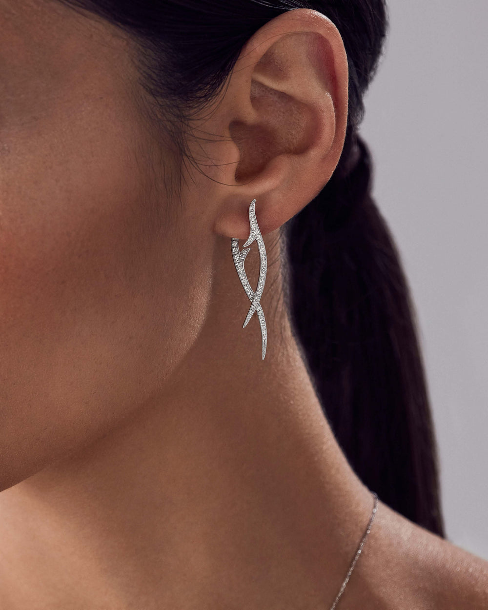 Stephen Webster Stem Drop Earrings in 18ct White Gold with white diamond pavé front view