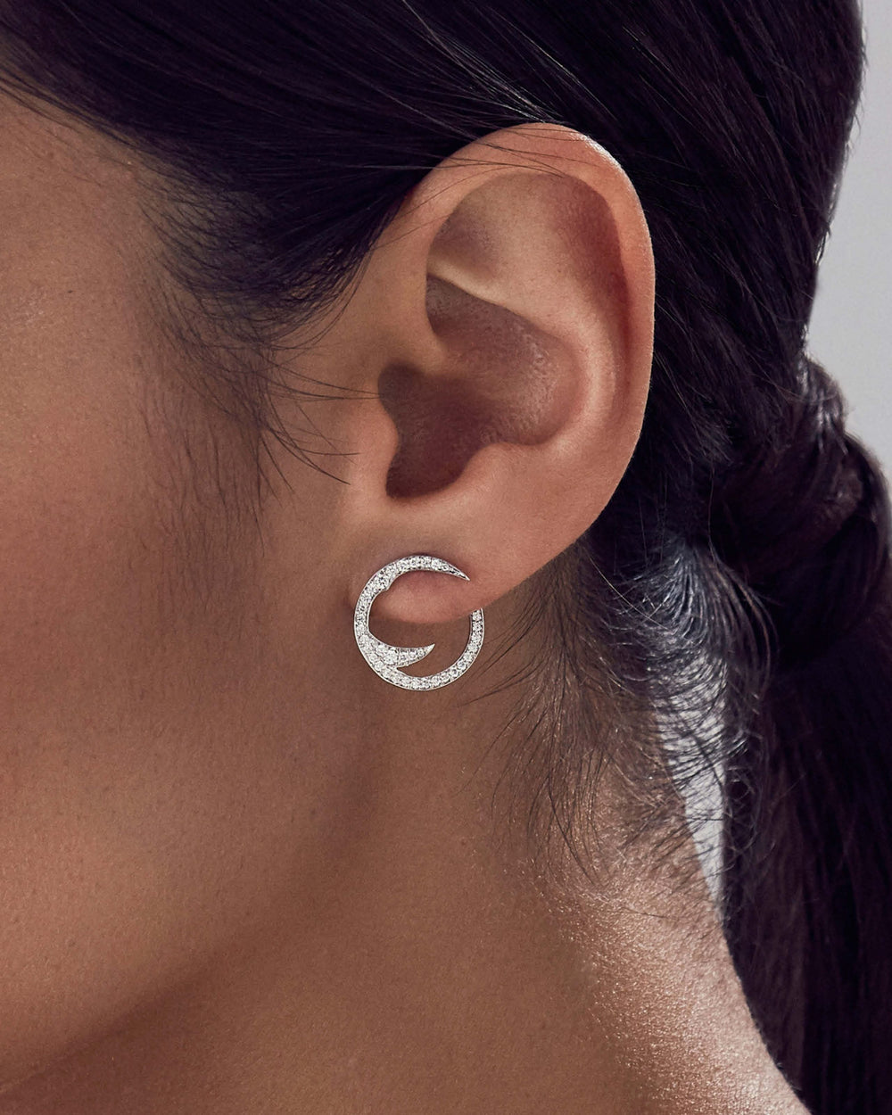 Stephen Webster Stem White Diamond Mini Hoop Earrings in 18ct White Gold with white diamond pavé front view