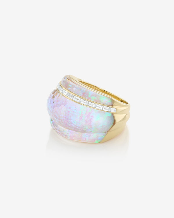 Stephen Webster white opalescent Crystal Haze amplified cocktail ring in 18ct yellow gold with white opalescent Crystal Haze and diamonds - side shot