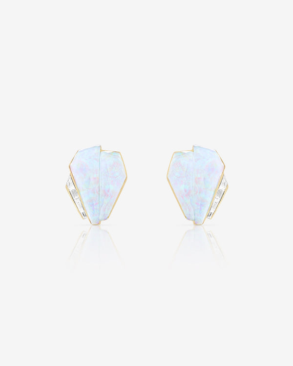 Stephen Webster white opalescent diamond eye Crystal Haze shard cuff earrings in 18ct white gold with white opalescent Crystal Haze and diamond accents
