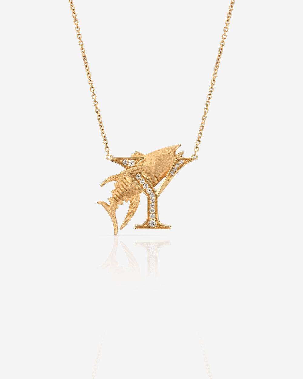 Stephen Webster Y is for Yellowfin Tuna initial necklace in 18ct yellow gold with white diamond pavé, personalised luxury jewellery gift for her