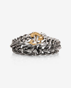 Stephen Webster Rams Head bracelet — 18 ct yellow gold skull-head centrepiece and polished silver/gold links, back view.