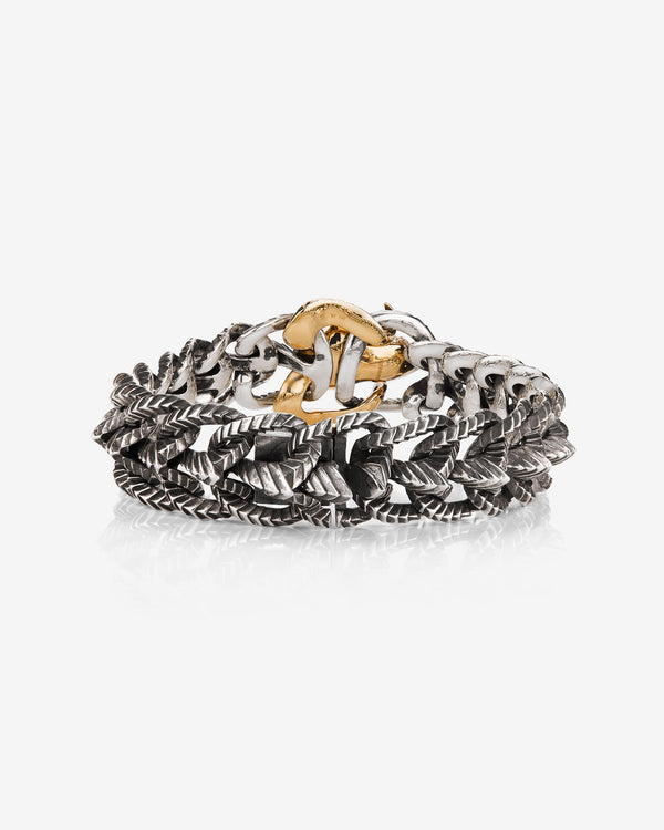 Stephen Webster Rams Head bracelet — 18 ct yellow gold skull-head centrepiece and polished silver/gold links, back view.