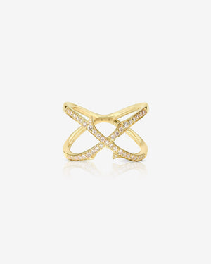 Stephen Webster Stem Crossover Band Ring in 18ct Yellow Gold with white diamond pavé front view