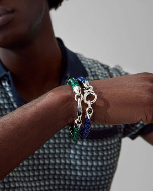 Styled close-up of Stephen Webster Thorn Beaded Bracelet with blue lapis on a model’s wrist showing detail and fit