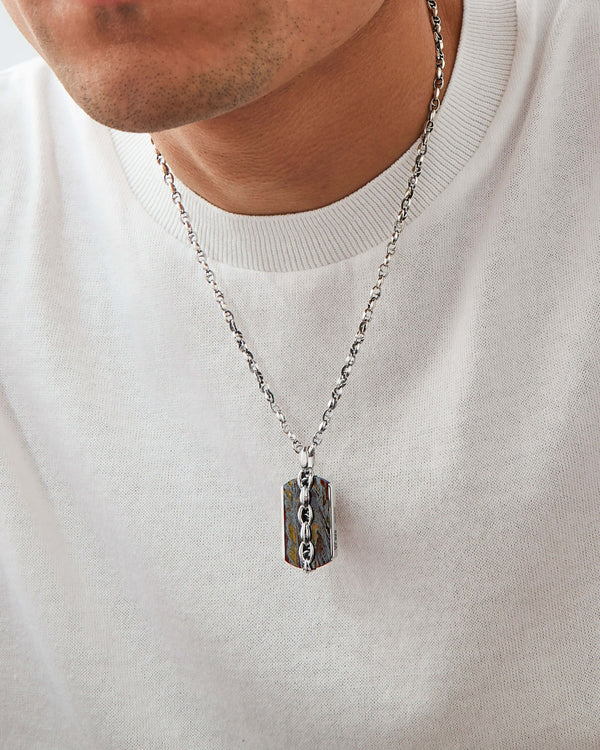 Styled close-up of Stephen Webster Thorn Large Razer Tag Tiger Iron Necklace on model’s neck showing tiger iron and chain detail