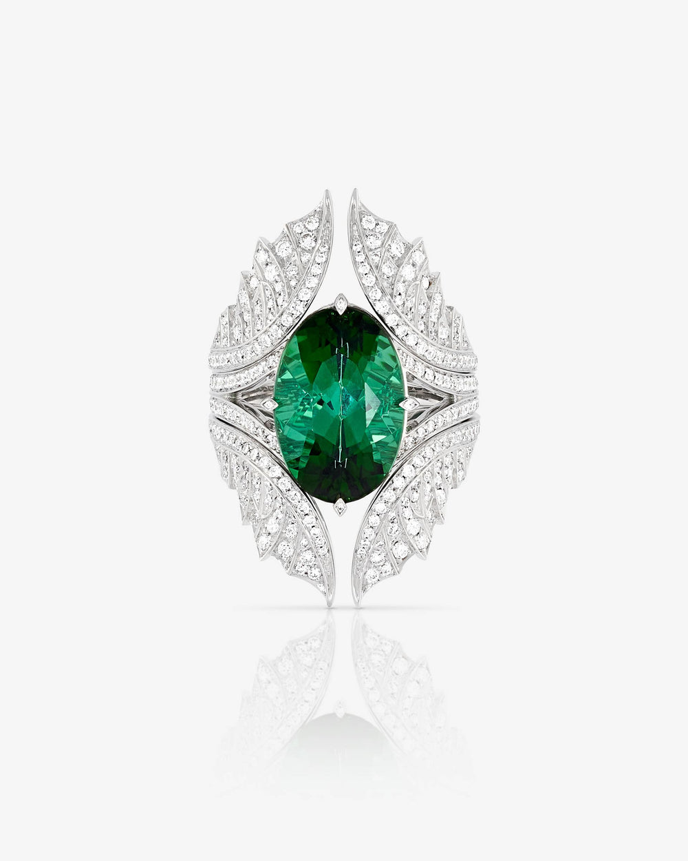 Swan Song ReBelles ring in 18 ct white gold with central green dichroic tourmaline and white diamonds — front view