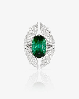 Swan Song ReBelles ring in 18 ct white gold with central green dichroic tourmaline and white diamonds — front view