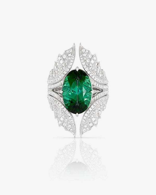 Swan Song ReBelles ring in 18 ct white gold with central green dichroic tourmaline and white diamonds — front view