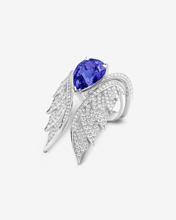 Angled view of Tanzanite Pear Inner Cocktail Ring in 18ct white gold with diamond pavé