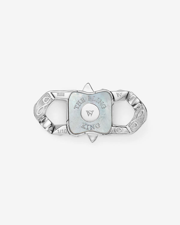 Stephen Webster Blink King clasp in sterling silver & yellow gold with white diamonds and mother of pearl back plate — back view