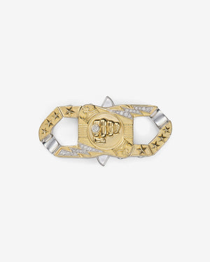 Stephen Webster Blink King clasp in sterling silver & yellow gold with white diamonds and mother of pearl back plate — front view