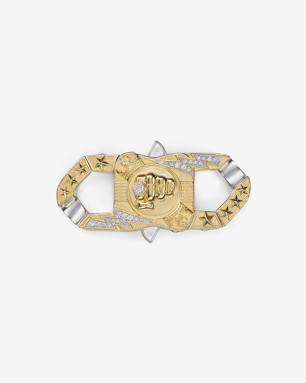 Stephen Webster Blink King clasp in sterling silver & yellow gold with white diamonds and mother of pearl back plate — front view