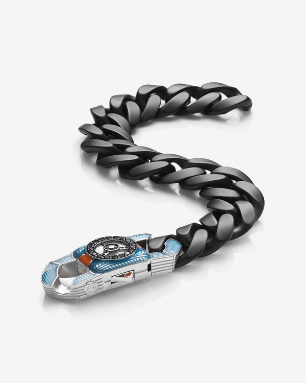 Stephen Webster Great Escape clasp in sterling silver — paired with 18mm Cuban Bracelet in matte black ceramic