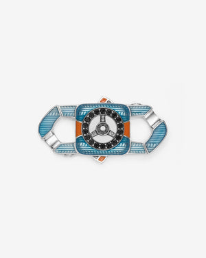 Stephen Webster Great Escape clasp in sterling silver with black diamond pavé, blue & orange enamel and mother of pearl back plate — front view