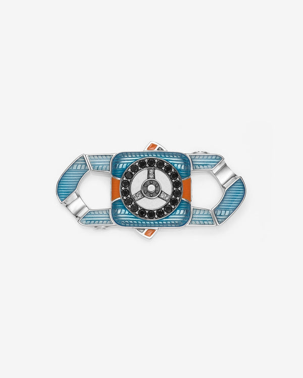 Stephen Webster Great Escape clasp in sterling silver with black diamond pavé, blue & orange enamel and mother of pearl back plate — front view
