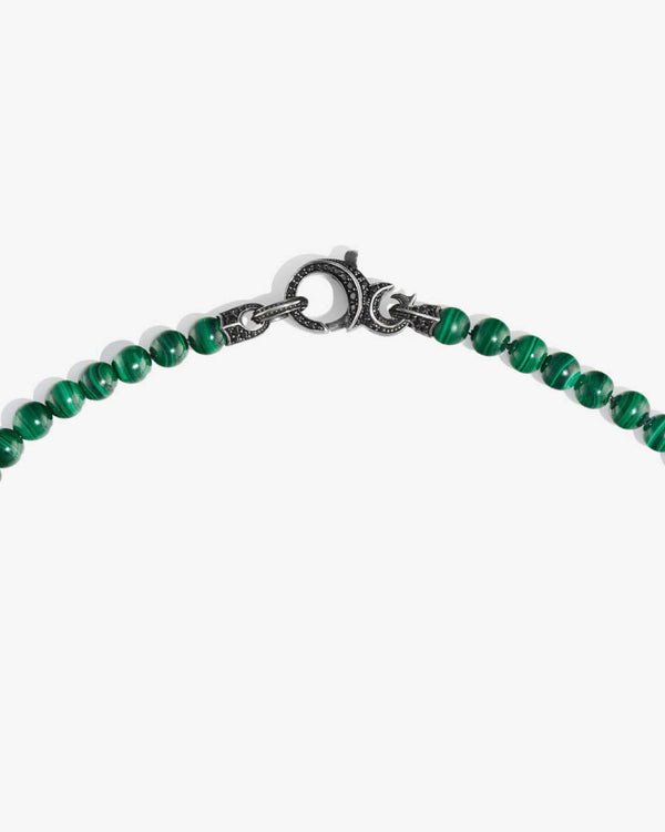 Clasp and link connection detail of Stephen Webster Thorn Black Sapphire & Malachite Beaded Necklace in sterling silver