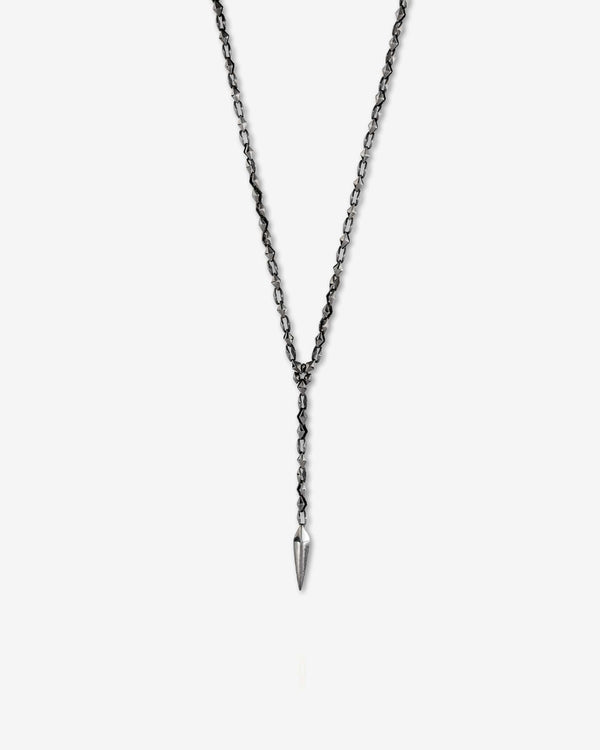 Hanging profile of Stephen Webster Thorn Dagger Pendant in black rhodium-plated sterling silver showing sculptural dagger design