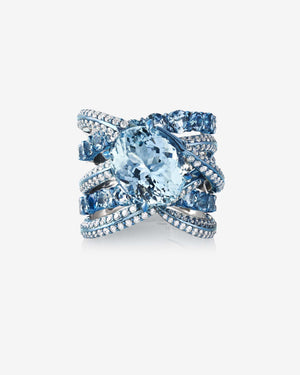Thorn Embrace Bound Together Cocktail Ring in blue titanium with aquamarines, white diamond pavé and 18ct white gold shank, luxury fine jewellery
