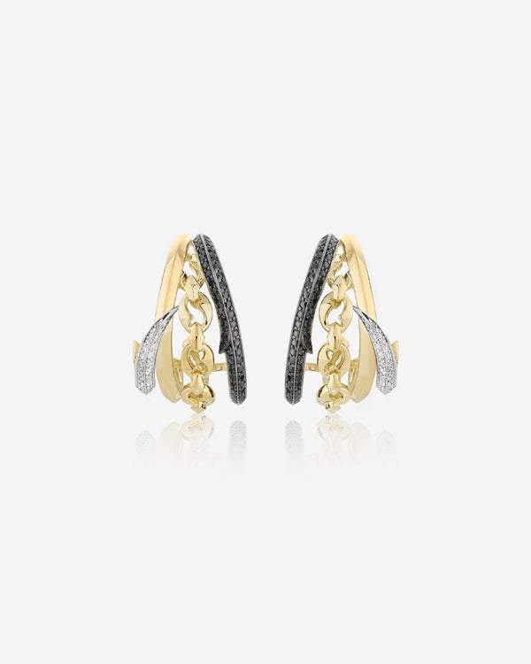 Thorn Embrace Bound Together Cuff Earrings in 18ct yellow and white gold with black and white diamond pavé, luxury fine jewellery with entwined thorn motif
