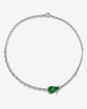 Thorn Embrace Emerald Tear Drop Necklace in 18 ct white gold with pear-shaped emerald and white diamond pavé, luxury fine jewellery