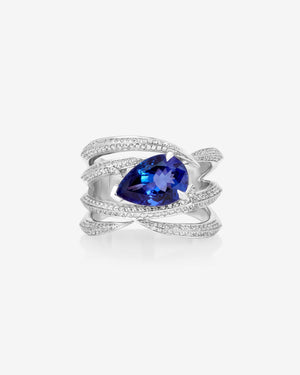 Thorn Embrace Entangled Tanzanite Band Ring in 18ct white gold with pear-shaped tanzanite and white diamond pavé, luxury fine jewellery