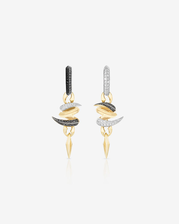 Thorn Embrace Entwined Drop Earrings in 18ct yellow and white gold with white and black diamond pavé, luxury fine jewellery
